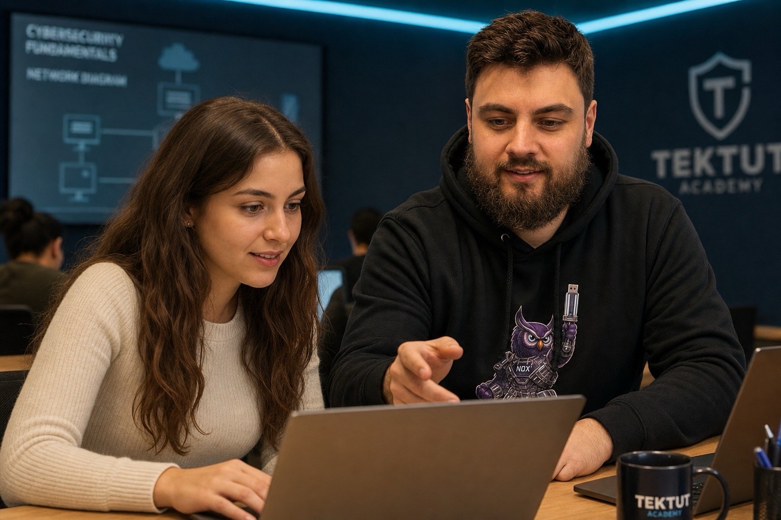 TekTut instructor mentoring a student on cybersecurity fundamentals in the training academy
